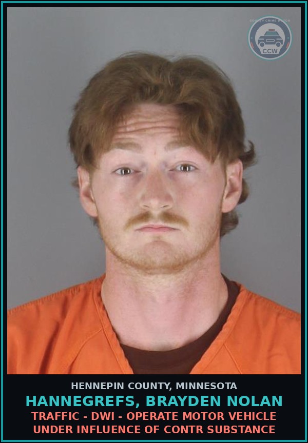 Booking mugshot of HANNEGREFS, BRAYDEN NOLAN in Hennepin County