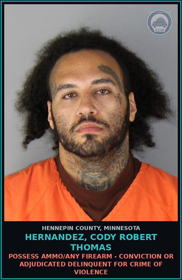 Booking mugshot of HERNANDEZ, CODY ROBERT THOMAS in Hennepin County