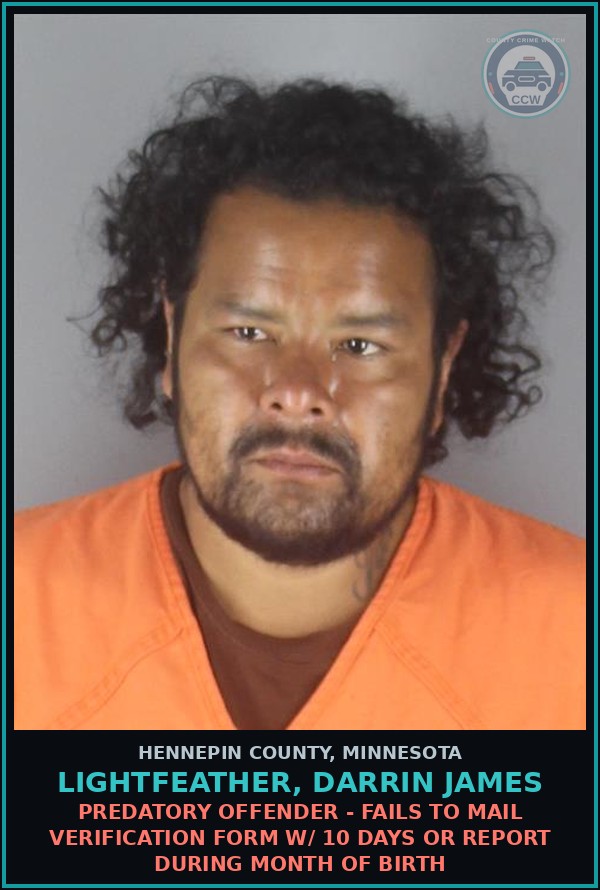Booking mugshot of LIGHTFEATHER, DARRIN JAMES in Hennepin County