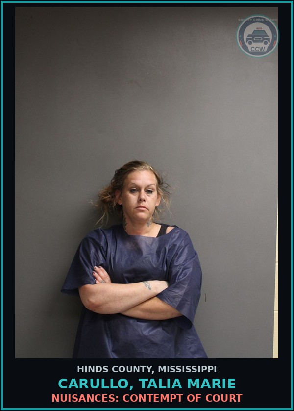 Booking mugshot of Carullo, Talia Marie in Hinds County