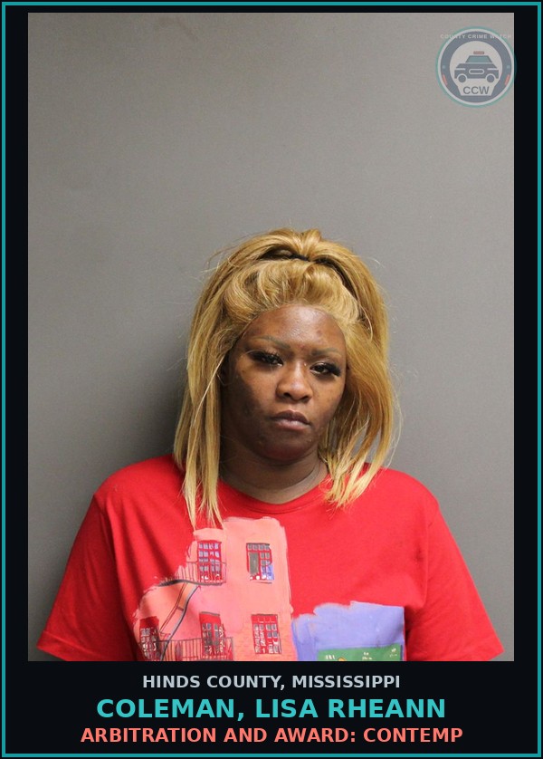 Booking mugshot of Coleman, Lisa Rheann in Hinds County