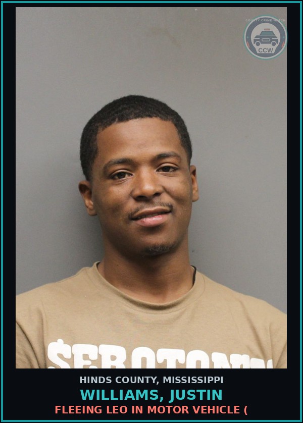 Booking mugshot of Williams, Justin in Hinds County