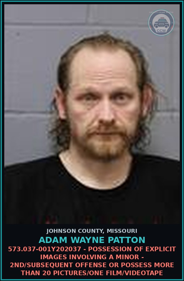 Booking mugshot of Adam Wayne Patton in Johnson County