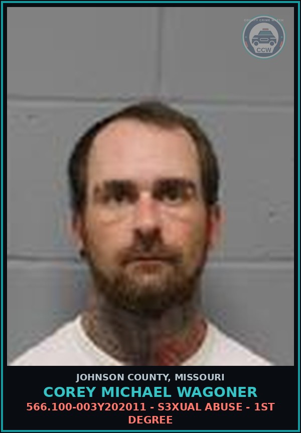 Booking mugshot of Corey Michael Wagoner in Johnson County