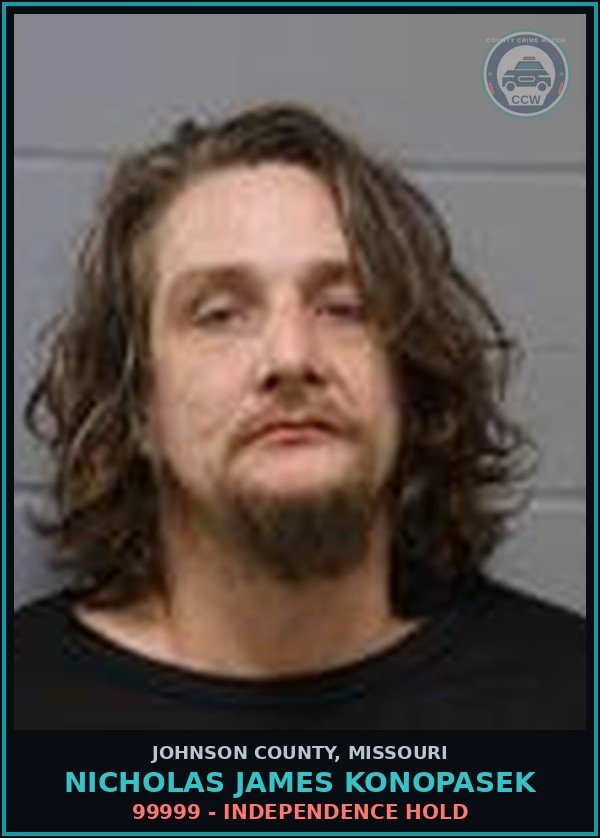 Booking mugshot of Nicholas James Konopasek in Johnson County
