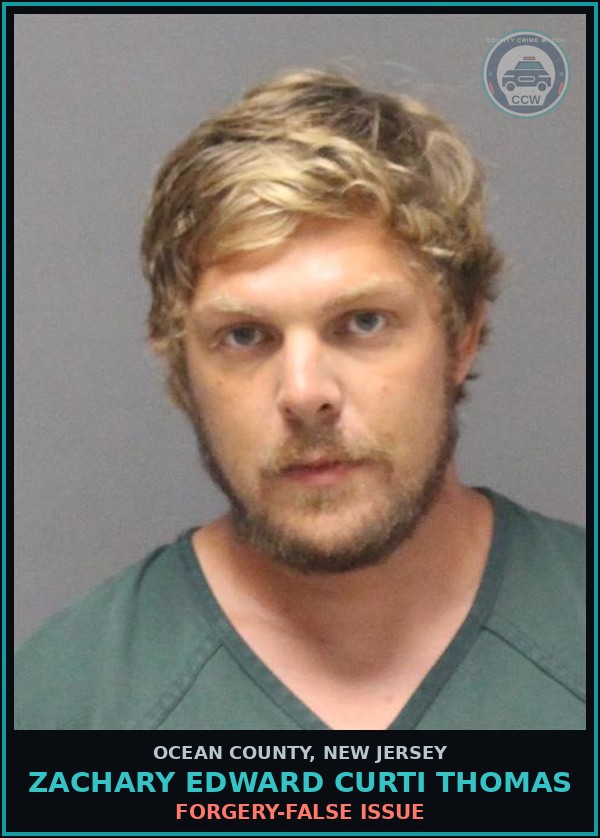 Booking mugshot of ZACHARY EDWARD CURTI THOMAS in Ocean County
