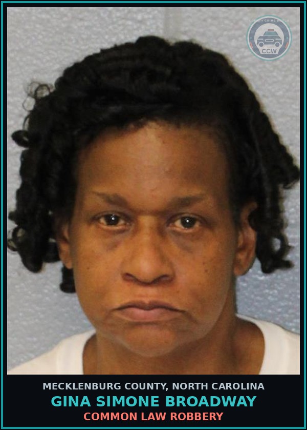Booking mugshot of GINA SIMONE BROADWAY in Mecklenburg County