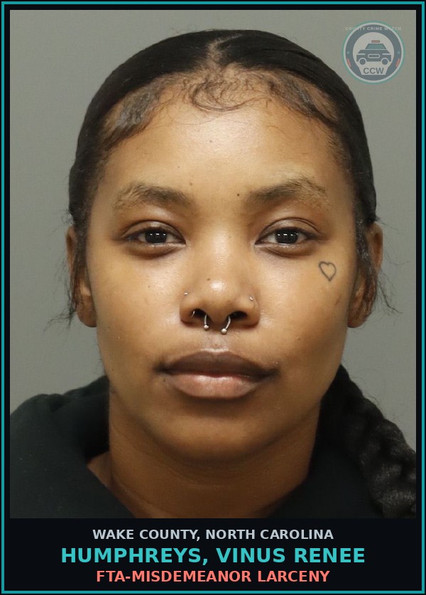 Booking mugshot of Humphreys, Vinus Renee in Wake County