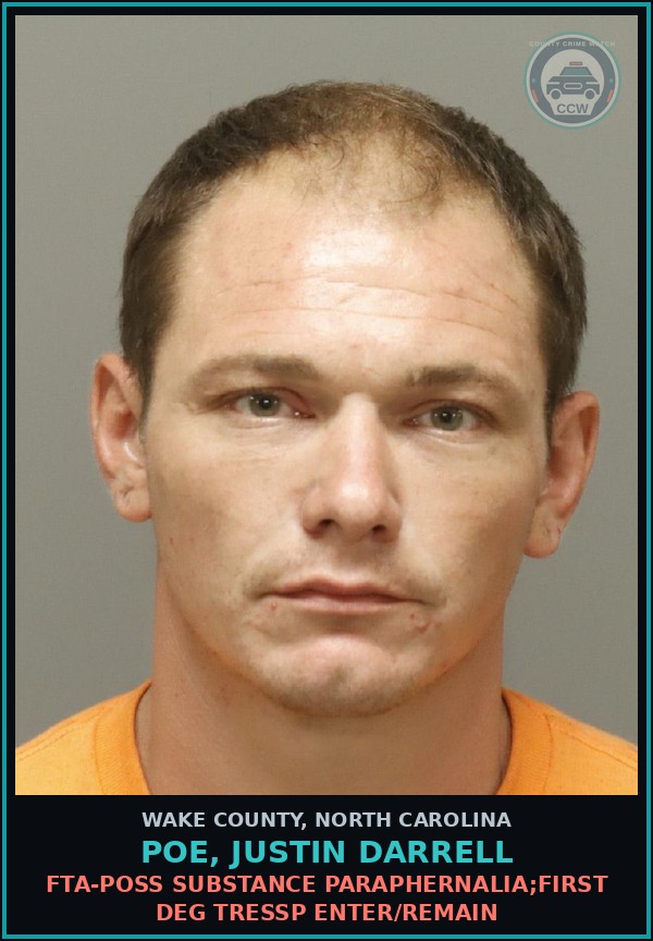 Booking mugshot of Poe, Justin Darrell in Wake County