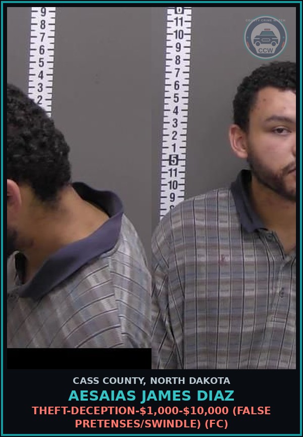 Booking mugshot of Aesaias James Diaz in Cass County