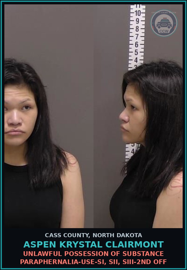 Booking mugshot of Aspen Krystal Clairmont in Cass County