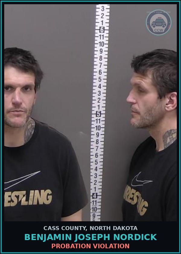 Booking mugshot of Benjamin Joseph Nordick in Cass County