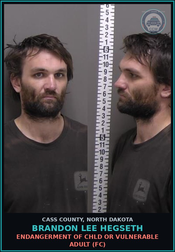 Booking mugshot of Brandon Lee Hegseth in Cass County