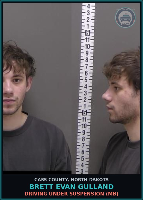 Booking mugshot of Brett Evan Gulland in Cass County