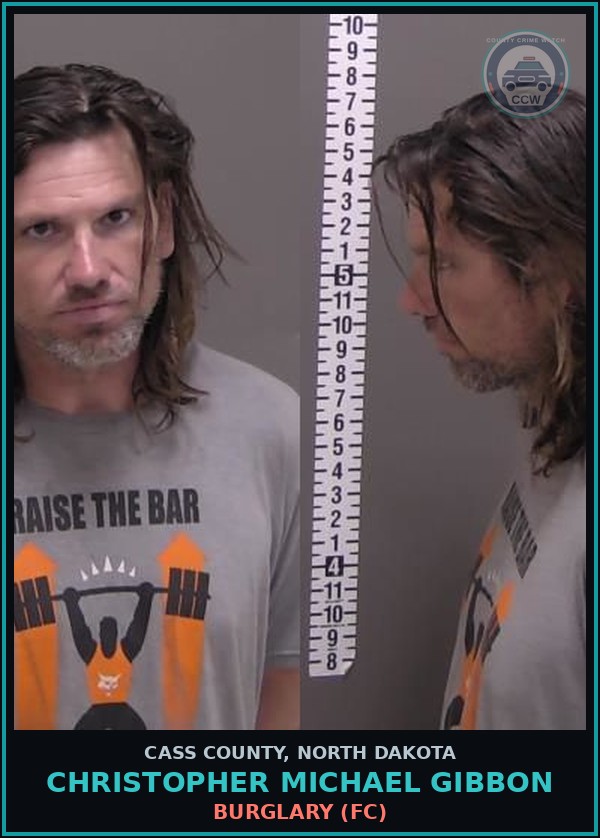 Booking mugshot of Christopher Michael Gibbon in Cass County