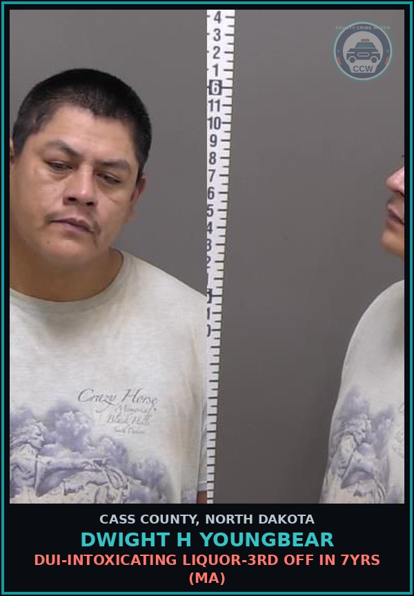 Booking mugshot of Dwight H Youngbear in Cass County