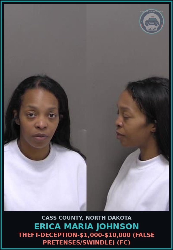 Booking mugshot of Erica Maria Johnson in Cass County