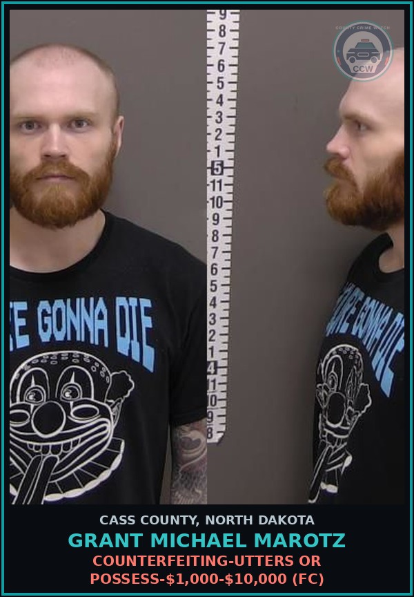 Booking mugshot of Grant Michael Marotz in Cass County