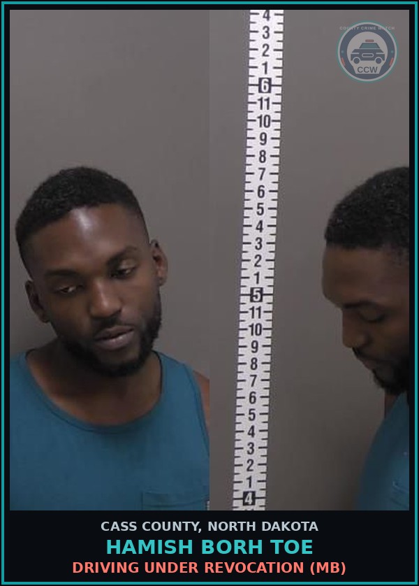 Booking mugshot of Hamish Borh Toe in Cass County