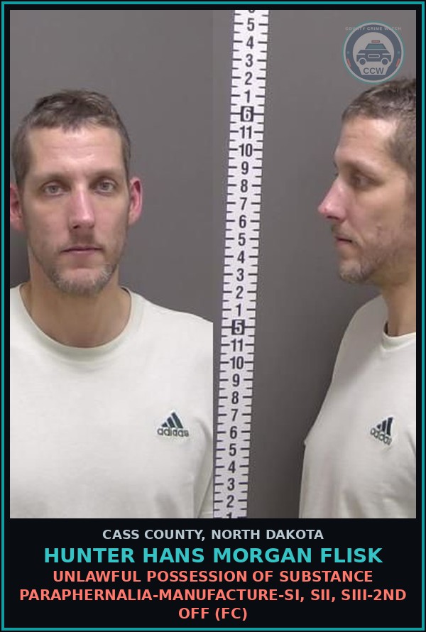 Booking mugshot of Hunter Hans Morgan Flisk in Cass County