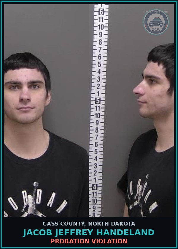Booking mugshot of Jacob Jeffrey Handeland in Cass County