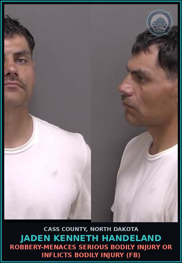 Booking mugshot of Jaden Kenneth Handeland in Cass County