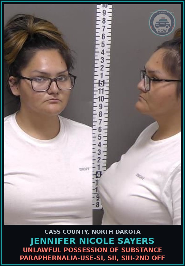 Booking mugshot of Jennifer Nicole Sayers in Cass County