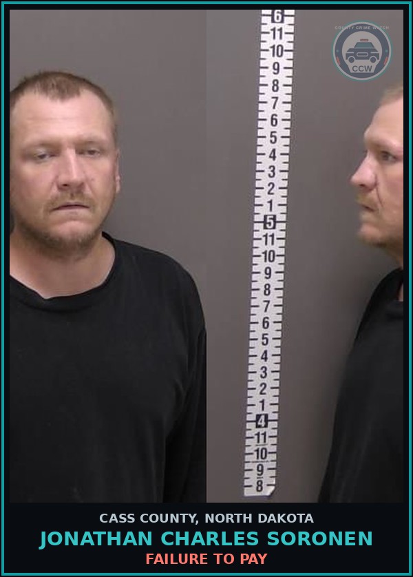 Booking mugshot of Jonathan Charles Soronen in Cass County
