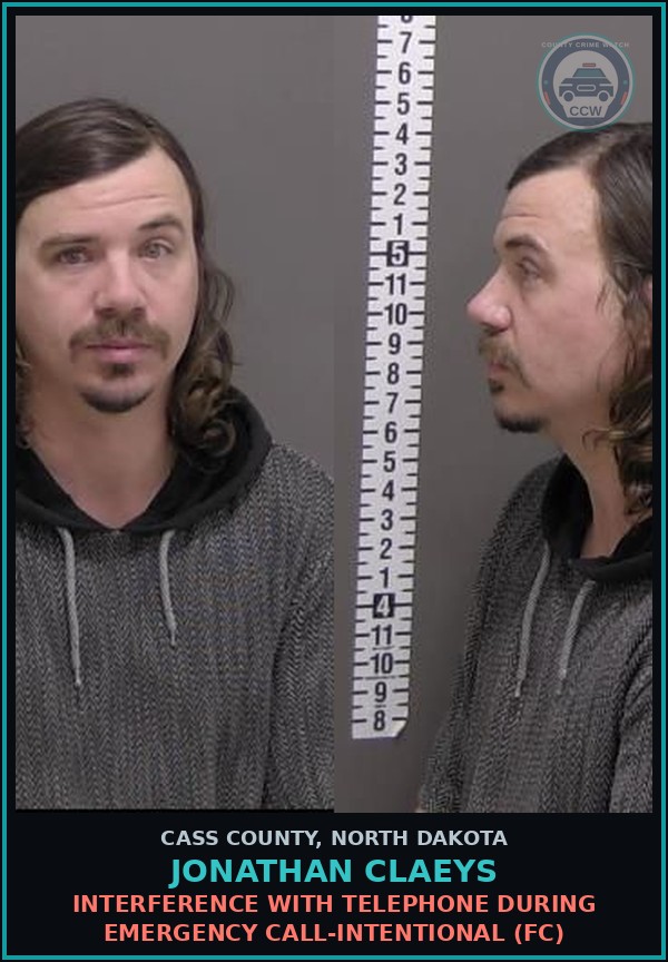 Booking mugshot of Jonathan Claeys in Cass County