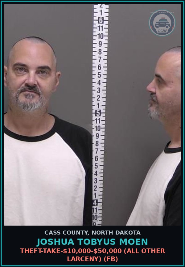 Booking mugshot of Joshua Tobyus Moen in Cass County