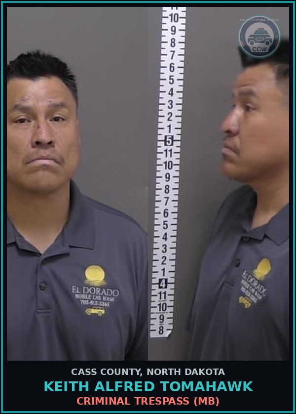Booking mugshot of Keith Alfred Tomahawk in Cass County