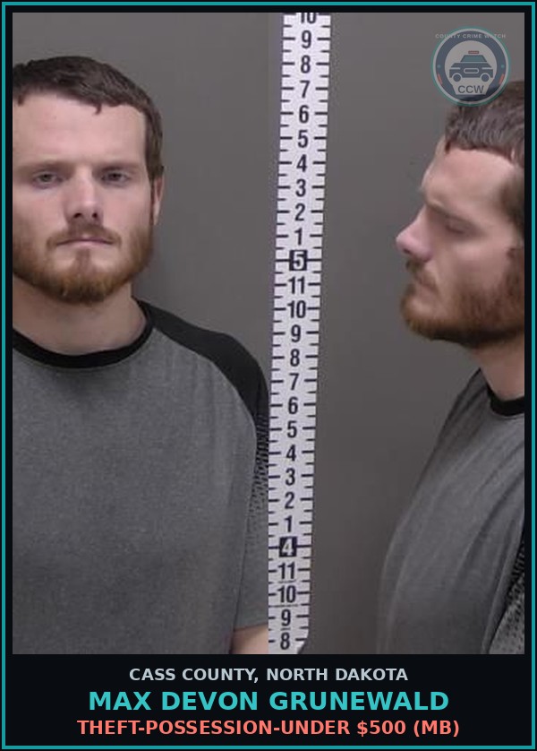 Booking mugshot of Max Devon Grunewald in Cass County