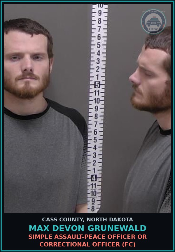 Booking mugshot of Max Devon Grunewald in Cass County