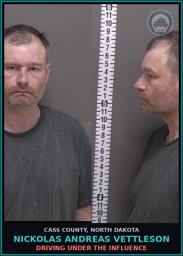 Booking mugshot of Nickolas Andreas Vettleson in Cass County