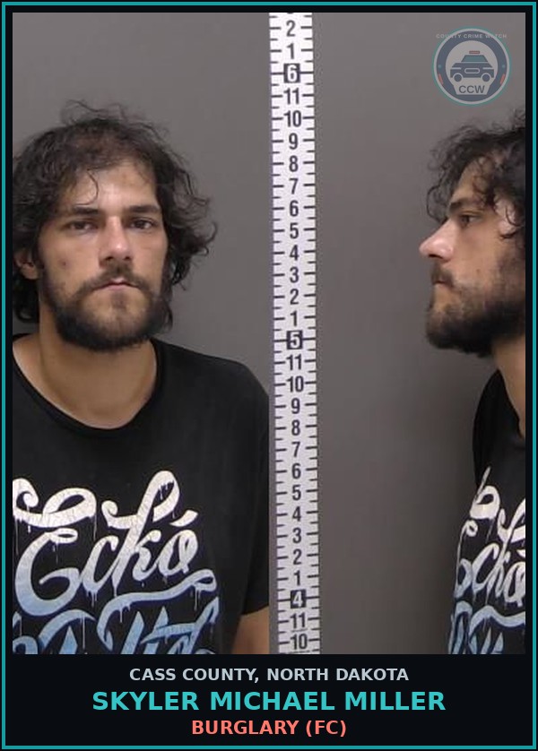 Booking mugshot of Skyler Michael Miller in Cass County