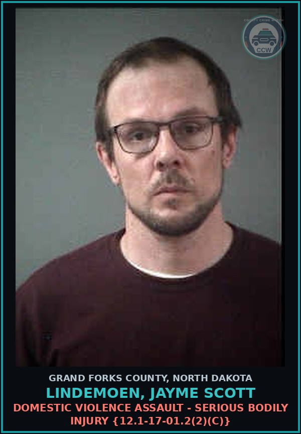 Booking mugshot of Lindemoen, Jayme Scott in Grand Forks County