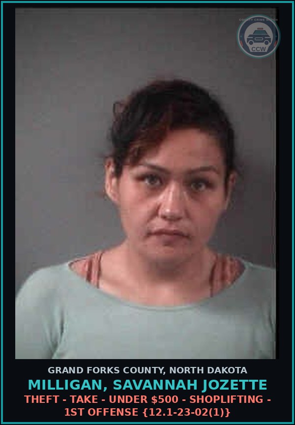 Booking mugshot of Milligan, Savannah Jozette in Grand Forks County