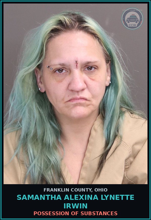 Booking mugshot of Samantha Alexina Lynette Irwin in Franklin County