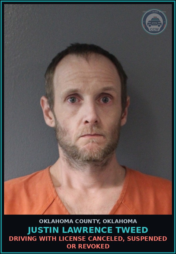 Booking mugshot of Justin Lawrence Tweed in Oklahoma County