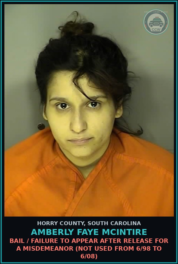 Booking mugshot of Amberly Faye Mcintire in Horry County