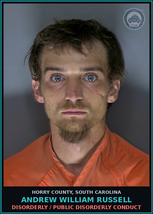 Booking mugshot of Andrew William Russell in Horry County