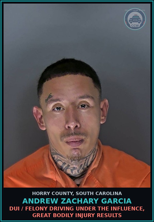 Booking mugshot of Andrew Zachary Garcia in Horry County