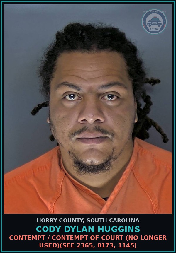 Booking mugshot of Cody Dylan Huggins in Horry County