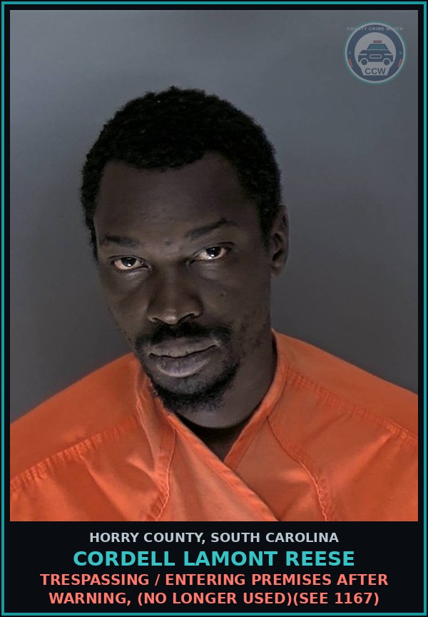 Booking mugshot of Cordell Lamont Reese in Horry County