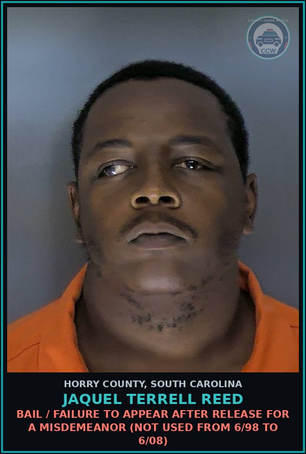 Booking mugshot of Jaquel Terrell Reed in Horry County