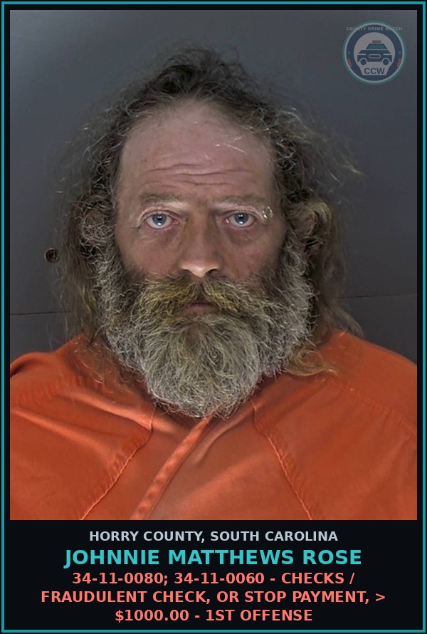 Booking mugshot of Johnnie Matthews Rose in Horry County
