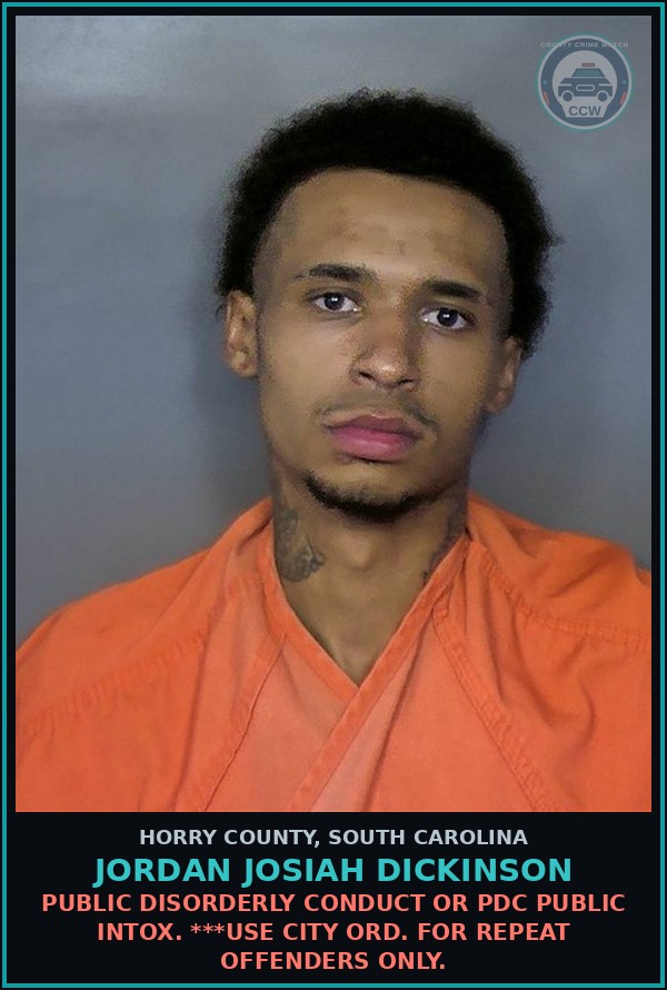 Booking mugshot of Jordan Josiah Dickinson in Horry County
