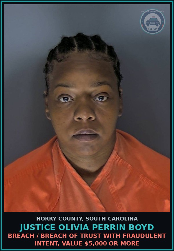 Booking mugshot of Justice Olivia Perrin Boyd in Horry County