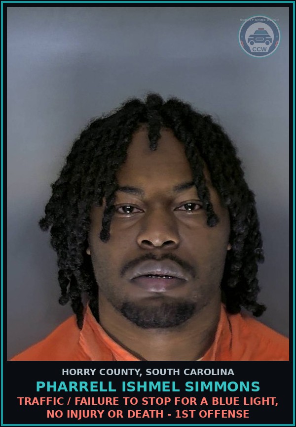 Booking mugshot of Pharrell Ishmel Simmons in Horry County