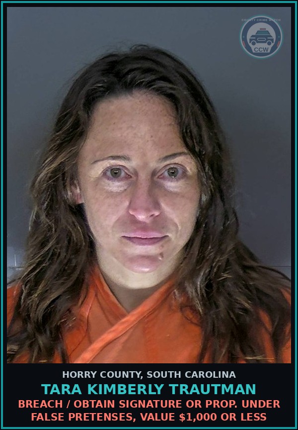 Booking mugshot of Tara Kimberly Trautman in Horry County